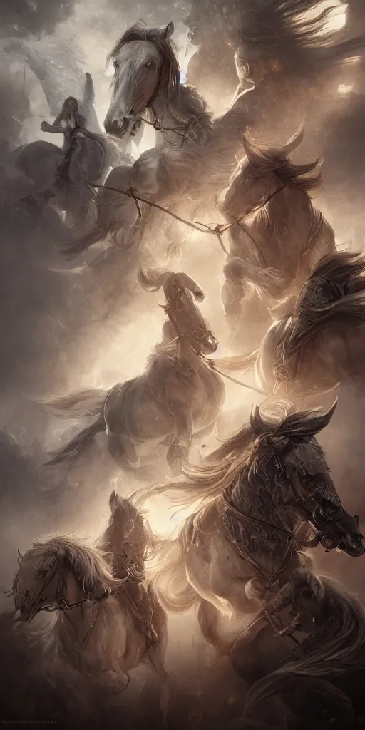 Prompt: Portraits based on the four horsemen of the apocalypse, intricate, elegant, fantasy, highly detailed, digital painting, sharp focus, illustration, beautiful volumetric lighting, epic light, trending on Artstation.