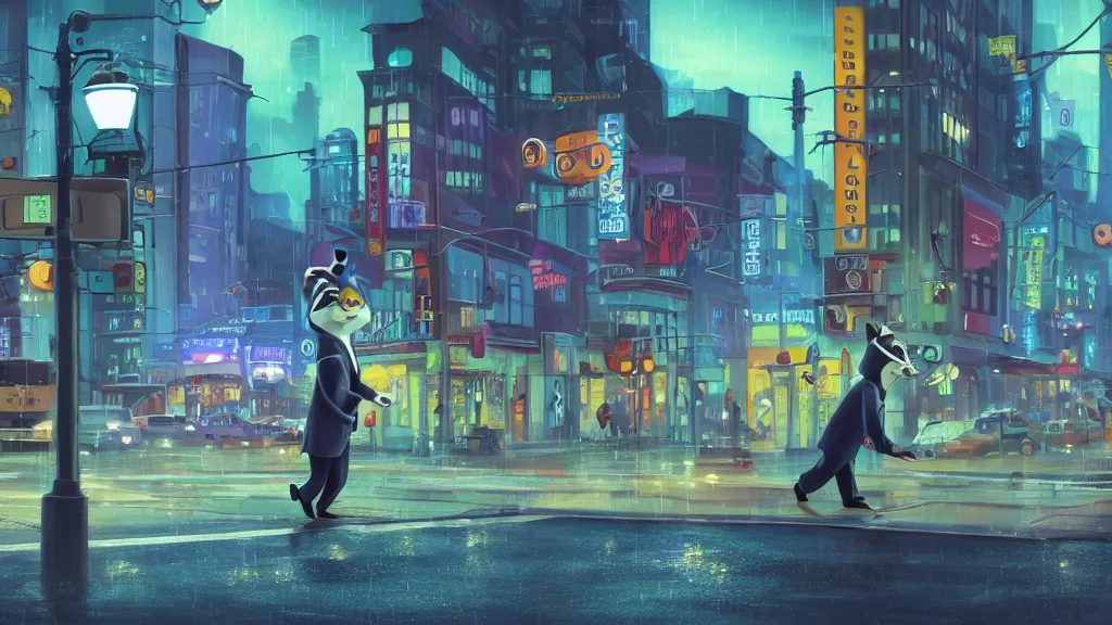 Prompt: A cute anthropomorphic raccoon businessman is walking down a busy crosswalk at in the rain at night, cold lighting with an blue glow coating the cityscape from the city lights, zootopia, other anthropomorphic characters are walking by him, extremely detailed, HDR, sideview, solemn and moody, many cars and animal people in the background, detailed face and eyes, large eyes with visible pupils, the road is wet with many rain puddles, reflections from the water on the ground, he is carrying a black briefcase, depressing feelings, sadness