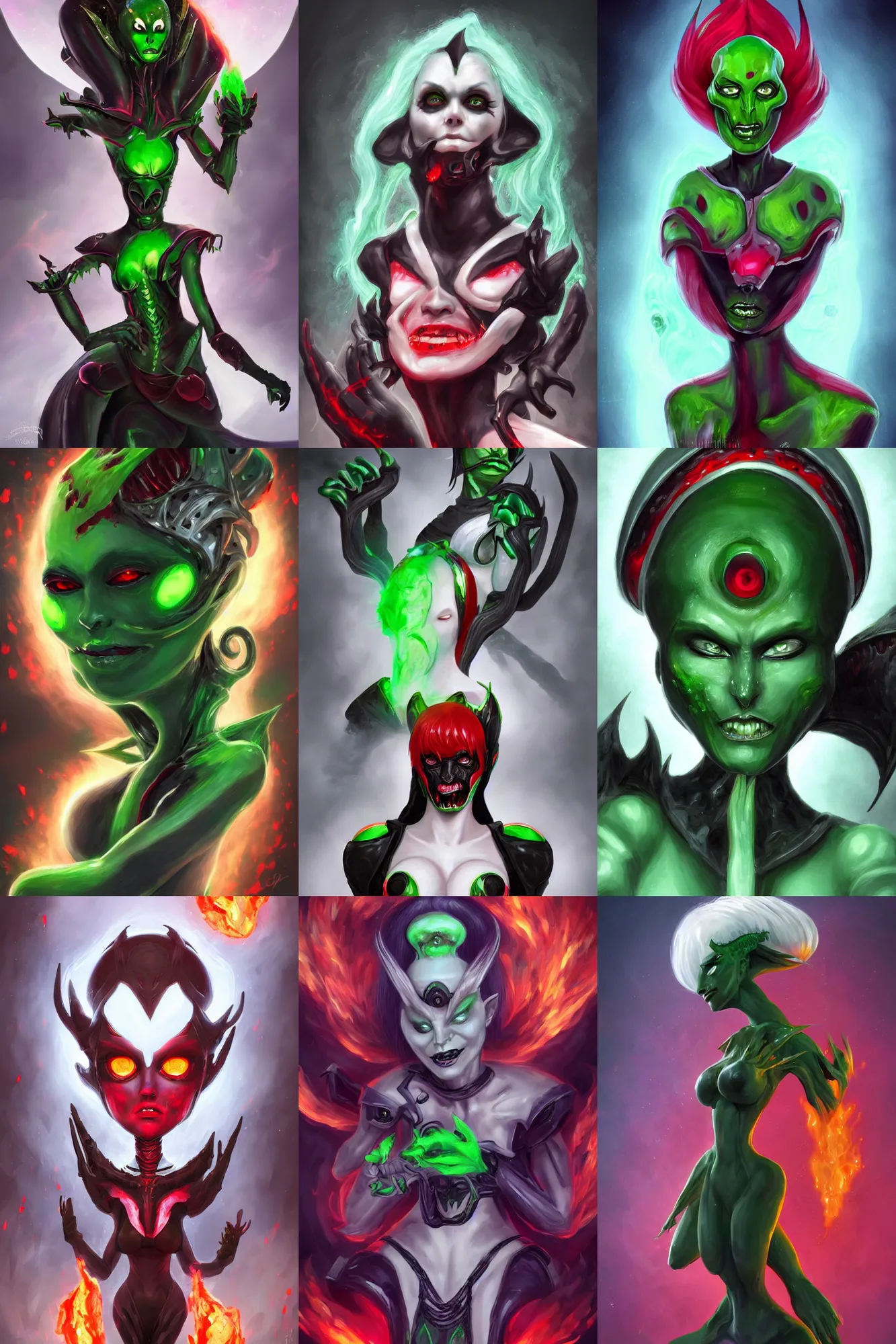 Prompt: lord dominator is an alien woman with green skin, black tears under her red eyes, white hair, and a black helmet with lava horns, dreamy and ethereal, expressive pose, peaceful expression, elegant, highly detailed, digital painting, artstation, concept art, smooth, sharp focus