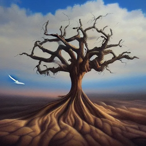 Prompt: a painting of an epic tree in the desert, an airbrush painting by breyten breytenbach, cgsociety, neo - primitivism, dystopian art,! apocalypse landscape!!