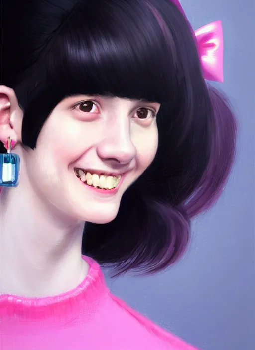 Image similar to portrait of high school girl, realistic, black hair, bangs, half updo hairstyle, pointy nose, skinny, smile, ugly, defined jawline, big chin, pink hair bow, earrings, intricate, elegant, glowing lights, highly detailed, digital painting, artstation, sharp focus, illustration, art by wlop, mars ravelo and greg rutkowski