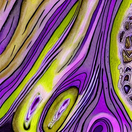 Prompt: a mushroom's gills from the bottom that is purple and grey with psychedelic patterns ; maximum realism ; maximum detailed close - up ; dramatic lighting