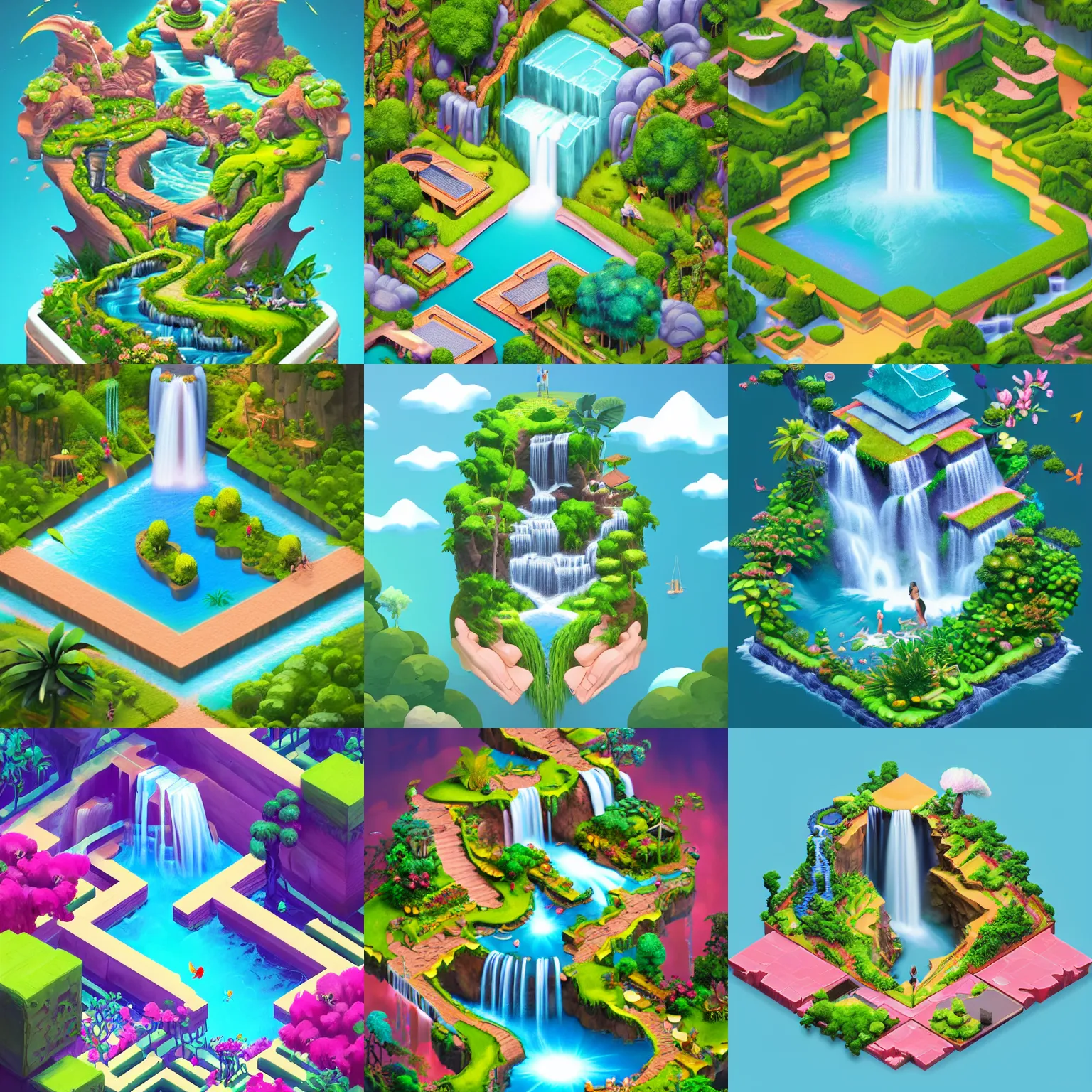 Prompt: isometric webdesign icon for paradise blossoming gardens of eden with waterfall, 3d render, by Artgerm, tooth wu, dan mumford, beeple, wlop, rossdraws, James Jean, Andrei Riabovitchev, Marc Simonetti, yoshitaka Amano, Artstation