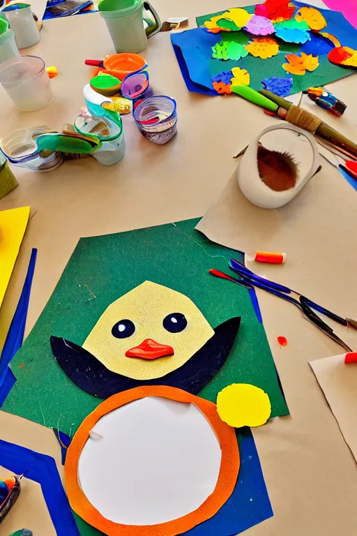 Prompt: a cute mallard duck at a summer camp, enjoying craft activities at the crafts table