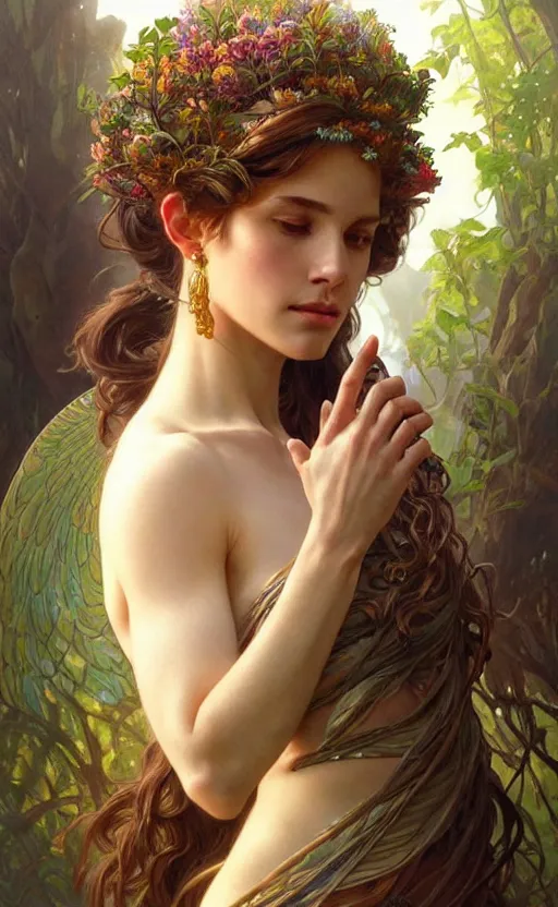 Prompt: portrait of a goddess of nature!, half body, perfect face!!, d & d, fantasy, intricate, elegant, highly detailed, digital painting, artstation, concept art, smooth, sharp focus, illustration, art by artgerm and greg rutkowski and alphonse mucha