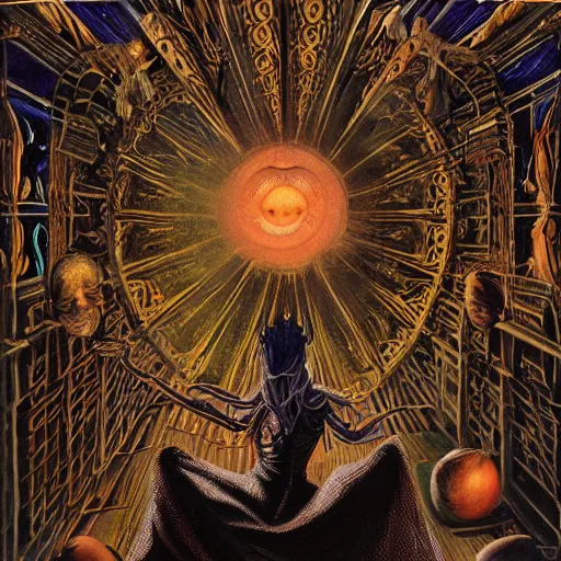 Image similar to a highly detailed occult painting of a witch pointing up, cenobyte, hexglow, contracept, wildcards, denizens, matte painting, glowing eyes, felipe pantone, pascal blanche, pascal blanche, mohrbacher, blanche, and across the face portrait, an expansive view of the sun, intricate details, epic, dramatic, cinematic lighting, hyperrealistic, skeletal, elaborate, furniture, dreamy, machine, robot, cardboard, dark, inception, cinematic lighting, surrealism style, magical, Occult, alchemy, Rene Magritte, Raphael Hopper, muted colors, soft tones, pastel colors, ornate, in the dnd art style on album cover, unreal