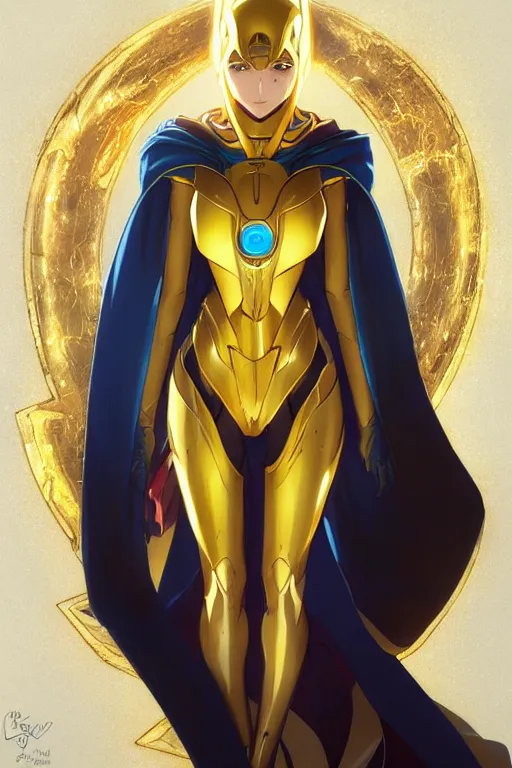 Prompt: anime key visual of a beautiful young female doctor fate!! intricate, cape, glowing, powers, dc comics, cinematic, stunning, highly detailed, digital painting, artstation, smooth, hard focus, illustration, art by artgerm and greg rutkowski and alphonse mucha