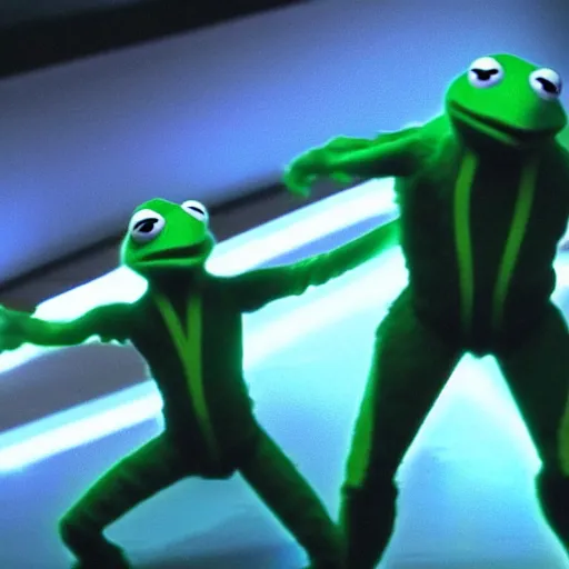 Image similar to a still from Tron:Legacy with kermit the frog in a disc battle