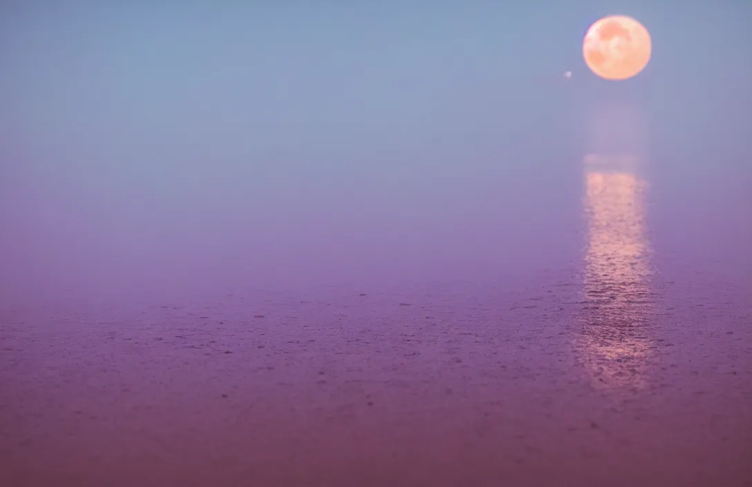 Image similar to beach with purple water, glowing moon, sigma lens, strong bokeh, photography, highly detailed, 8 5 mm, f / 1. 3, foggy, dramatic lighting, 4 k