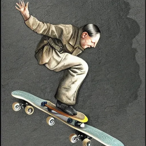 Image similar to hitler riding a skateboard, realistic, detailed by da vinci