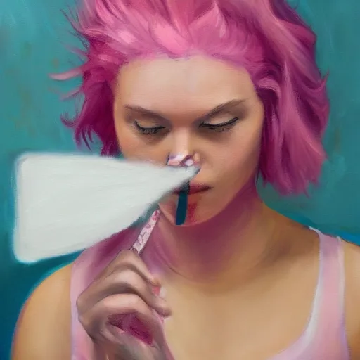 Image similar to person with pink hair holding a knife and smoking weed, cinematic, 4 k, oil painting