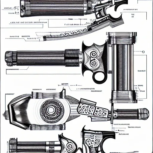 Prompt: a full page schematic diagram illustration of a revolver, ultra detailed, 4 k, intricate, encyclopedia illustration, fine inking lines