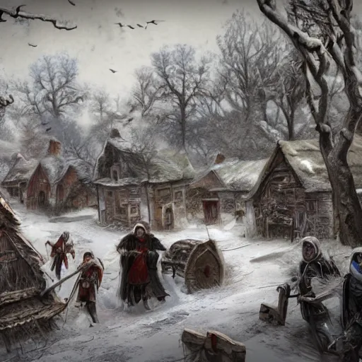 Prompt: Several bodies of dead villagers in the middle of a village in the snow, fantasy, medieval, highly detailed, Artstation