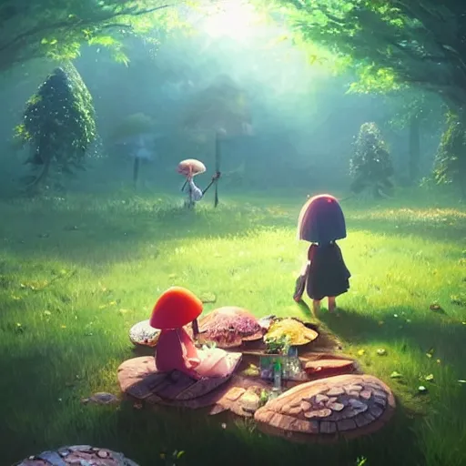 Image similar to a cute picnic in a mushroom forest. dramatic lighting, cgsociety masterpiece, artstation trending, by rossdraws, ghibli, Kimi no Na wa, greg rutkowski, 4k, digital art, concept art, trending on artstation