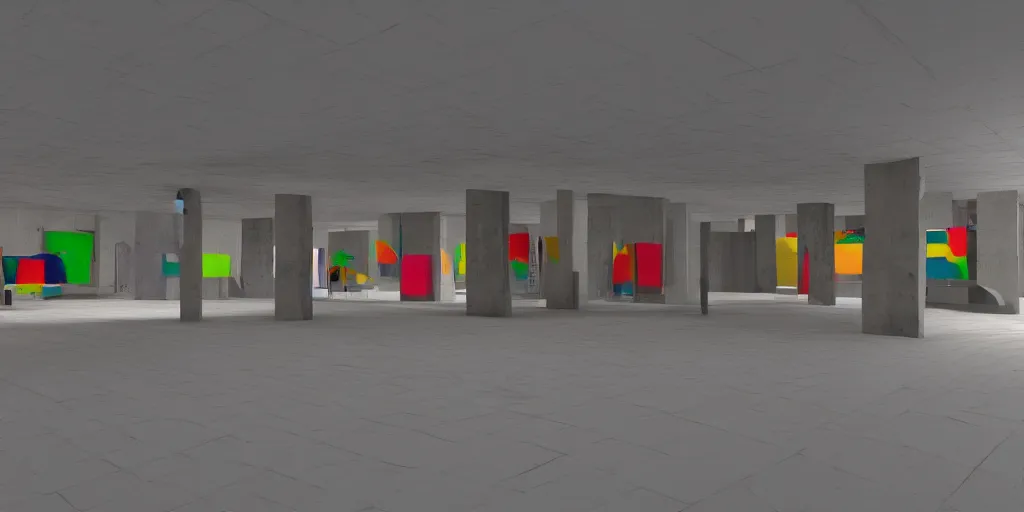 Image similar to coloured 3 d octane model of a brutalism art gallery, highly detailed