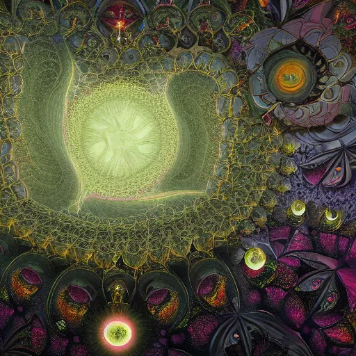 Image similar to a detailed fractal picture of the elevator to hell surrounded by a field of black lotus flowers with petals in a fibonacci sequence, in the style of magic the gathering, highly detailed, digital painting, god rays, volumetric lighting, octane render, 4 k resolution, art by adam paquette and johann bodin and jason rainville