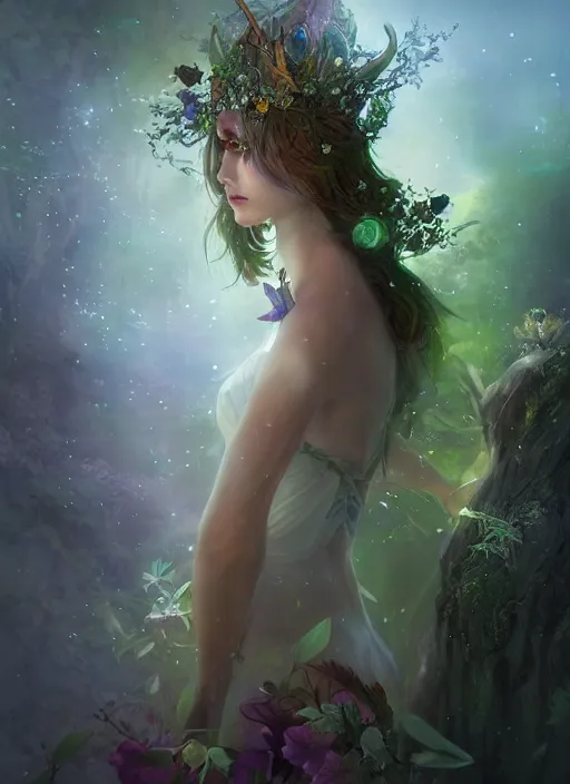 Image similar to beautiful beautiful fairy faerie fey fae queen forest spirit highly detailed CGsociety subtle enchanting alluring magical concept art volumetric lighting subsurface scattering unreal