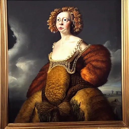 Image similar to disturbing dutch golden age oil painting by christian rex van minnen portrait of an extremely bizarre mutated proteus sundrome woman wearing fancy fur and jewels with intense chiaroscuro lighting perfect composition masterpiece