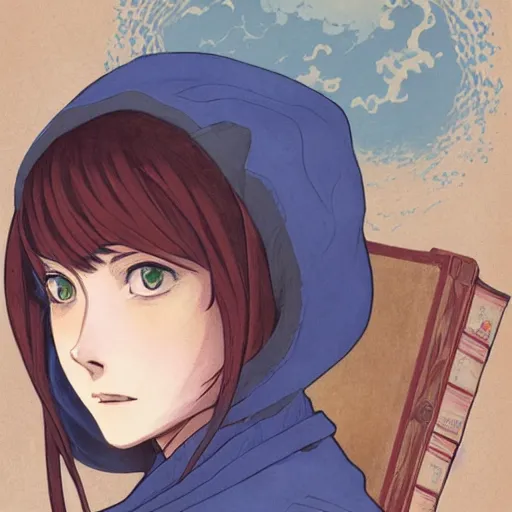 Prompt: portrait of a female wizard with brown hair wearing a blue hood and blue robe holding a book, fantasy, highly detailed, digital illustration, character art, seinen, anime key visual, hayao miyazaki, makoto shinkai, alphonse mucha