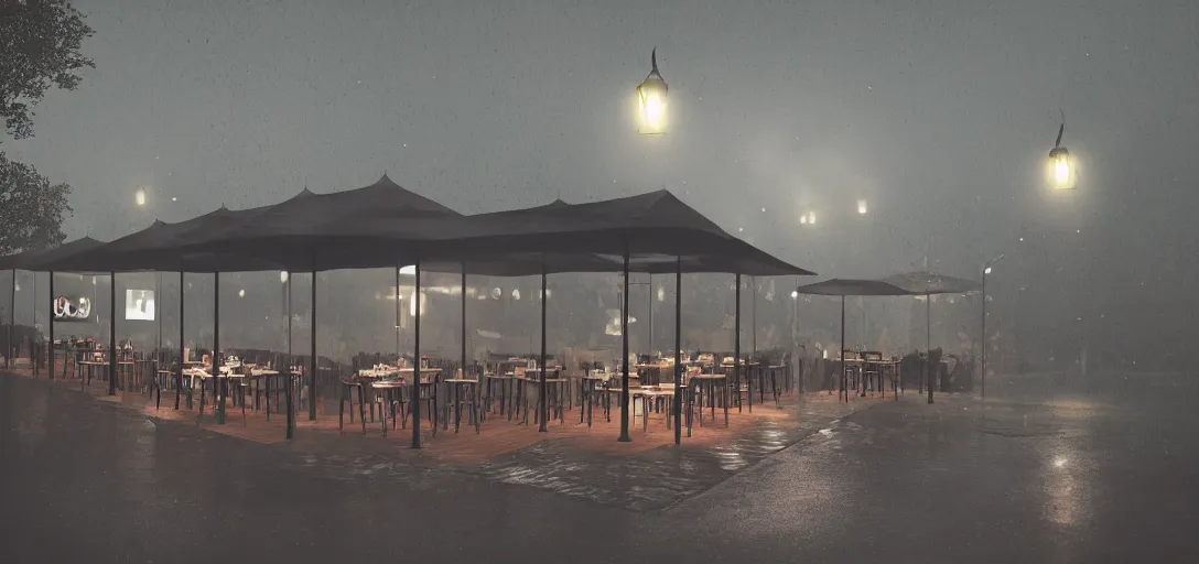 Prompt: Look of Small outdoor high profile restaurant, light rain, night, noire tents, digital art, 8k, moody details