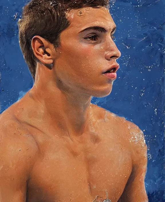 Image similar to portrait of a handsome young spanish swimmer, art by denys tsiperko and bogdan rezunenko, hyperrealism