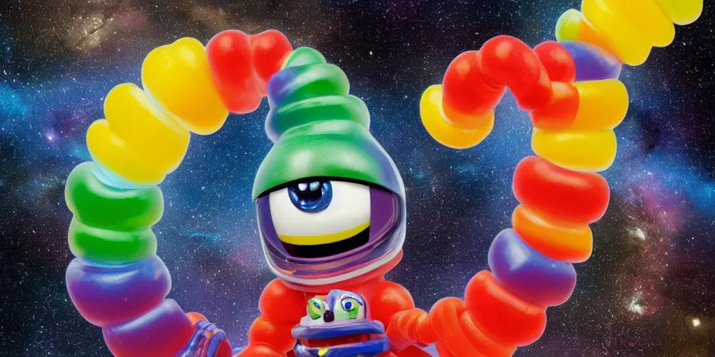 Prompt: a 3 d rendered movie still a gummi worm descendant 1 million years from now. gummi worm wears a spacesuit, and explores cosmos in a super awesome space ship. science fiction blockbuster movie gummi worms rule the world or my stepmom is a gummi worm from space, dramatic lighting, imax 7 0 mm. buzz lightyear