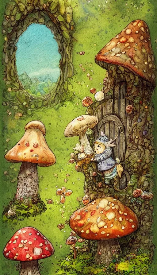 Image similar to extra beautiful colorful whimsical storybook style full page antique ornate lithograph of moss, fungus, mushroom and flower covered knome hobbit giant mushroom cozy home with door and windows by Jean-Baptiste Monge, post processing, painterly, book illustration watercolor granular splatter dripping paper texture. Trending on artstation, post processing, pen and ink work. sharp focus.