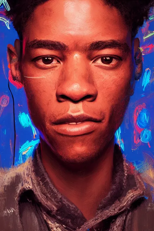 Image similar to portrait of jean basquiat, intricate, elegant, glowing lights, highly detailed, digital painting, artstation, sharp focus, illustration, art by wlop, mars ravelo and greg rutkowski