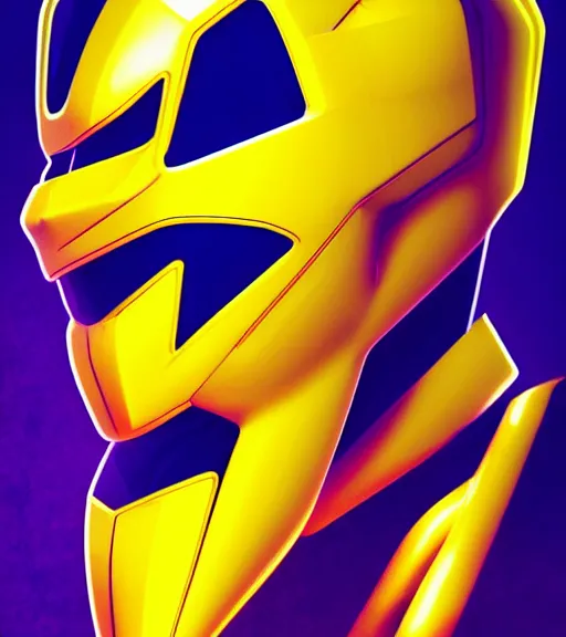 Prompt: symmetry!! yellow ranger, thunder - bolt - shaped eye!!, hard edges, product render retro - futuristic poster scifi, thunderbolt and neon circuits, intricate, elegant, highly detailed, digital painting, artstation, concept art, smooth, sharp focus, illustration, dreamlike, art by artgerm