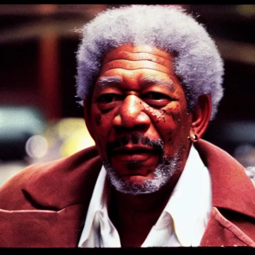 Image similar to a film still of Morgan Freeman dressed as a Pimp in a 1970s Blaxploitation film, 40mm lens, shallow depth of field, split lighting, cinematic