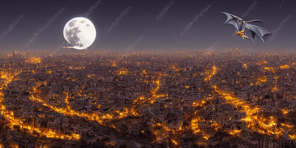 Image similar to a big dragon flying in tehran skyline in a winter night, a full moon in the sky,, concept art dramatic lighting, ultra hd,