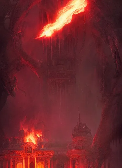 Image similar to shubniggurath destroying a glowing mansion in burning vapor dramatic lighting fantomatic head and faces floating catching fire, artstation, matte painting, bastien lecouffe deharme, aykut aydogdu, allen williams, artem chebokha