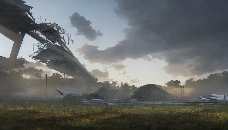 Image similar to destroyed dulles international airport covered by vegetation, sunrise, volumetric light, destroyed planes, destroyed control tower, hyperdetailed, artstation, cgsociety, 8 k