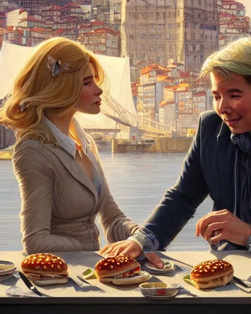 Image similar to Portrait of a blonde lady and Michael mcintyre eating ice burgers in Porto waterfront,real life skin, intricate, elegant, highly detailed, artstation, concept art, smooth, sharp focus, art by artgerm and greg rutkowski and alphonse mucha