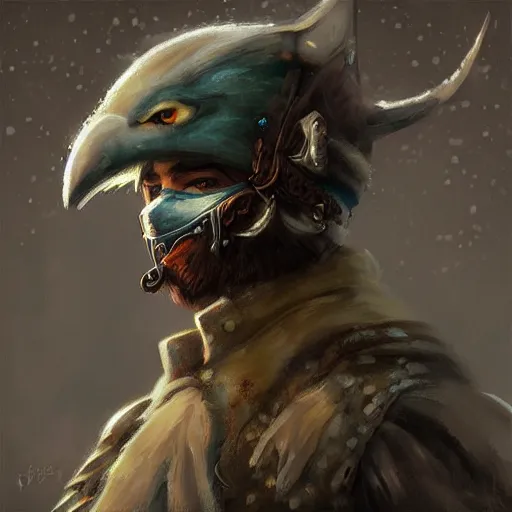 Prompt: “ fantasy snow bandit ‘ icewind dale ’ with mask, digital portrait by justin sweet, soft focus, oil paint, epic, artstation ”