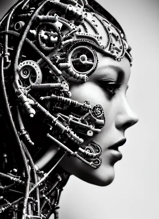 Image similar to a stunning young female cyborg profile face, face is made intricate tribal bio - mechanical, editorial photography, bw, shot on 7 0 mm, depth of field, f / 2. 8, high contrast, 1 6 k, rays of shimmering light, volumetric lighting, shiny, insanely detailed and intricate, hypermaximalist, elegant, ornate, hyper realistic, super detailed