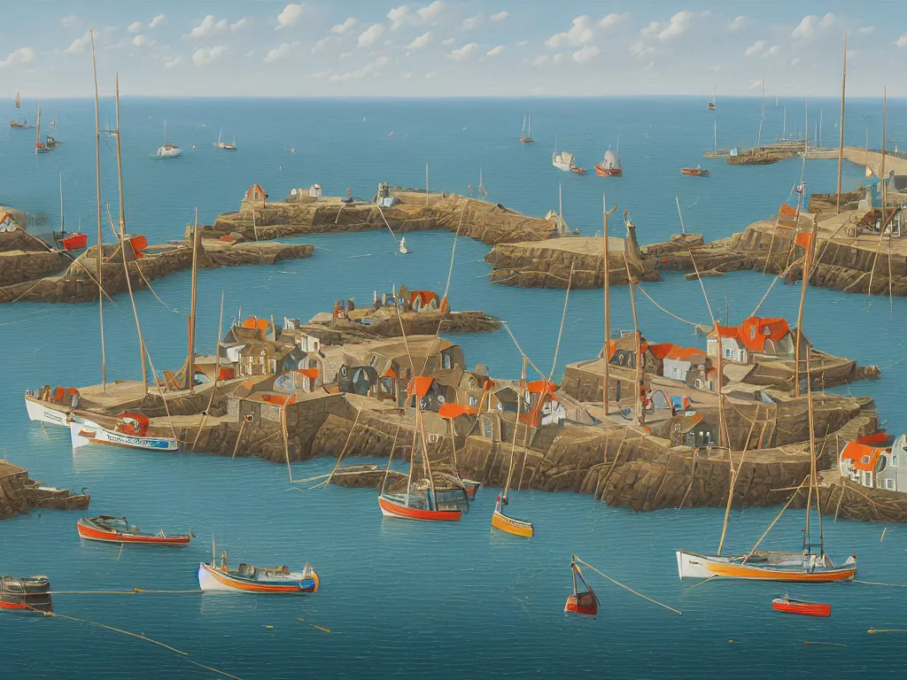 Prompt: a detailed gouache painting illustration of a typical English coastal fishing harbor, by Michiel Schrijver, ultra-hd, sharp focus, isometric