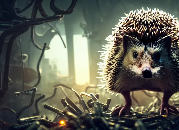 Image similar to portrait of a intricate hedgehog cyborg, on the background of a weird magical mechanical forest. Very detailed 8k. Fantasy cyberpunk horror. Sharp. Cinematic post-processing. Unreal engine. Nanite. Ray tracing. Parallax. Tessellation