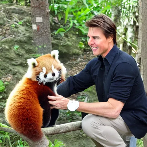 Prompt: tom cruise petting his pet red panda