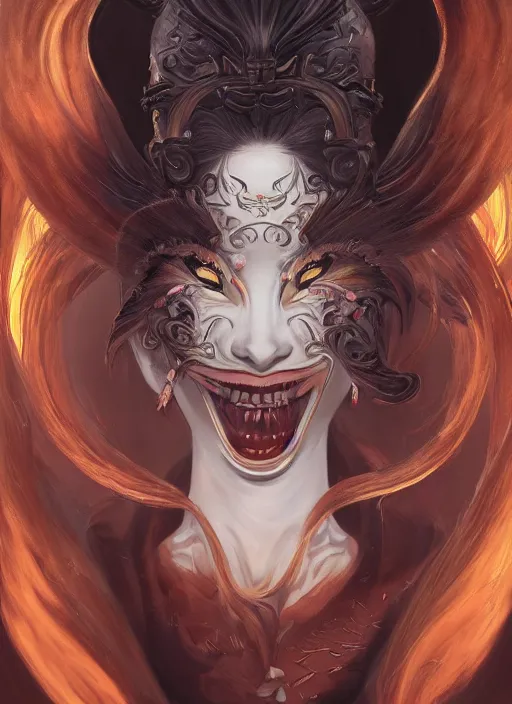 Prompt: a beautiful detailed oil on copper art illustration of a japanese kitsune hannya mask devil woman, centered, by charlie bowater, zeng fanzh, trending on artstation, dim dusk lighting, cinematic lighting, detailed lighting, volumetric lighting, realistic, f 8, 4 k hd wallpaper