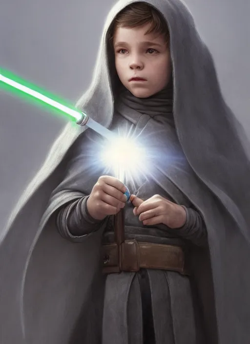 Image similar to perfectly - centered - portrait of a kid wearing grey cloak holding light saber, intricate, highly detailed, digital painting, artstation, concept art, smooth, sharp focus, illustration, unreal engine 5, 8 k, art by artgerm and greg rutkowski and alphonse mucha