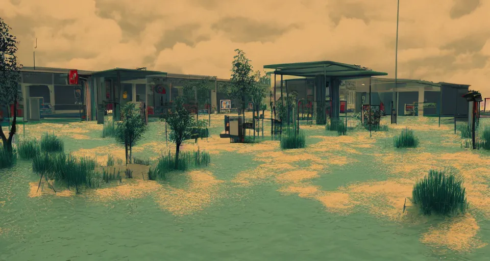 Image similar to 80s VHS vaporwave outrun 3d Render of a flooded german playground, liminal space retro, grainy, noisy