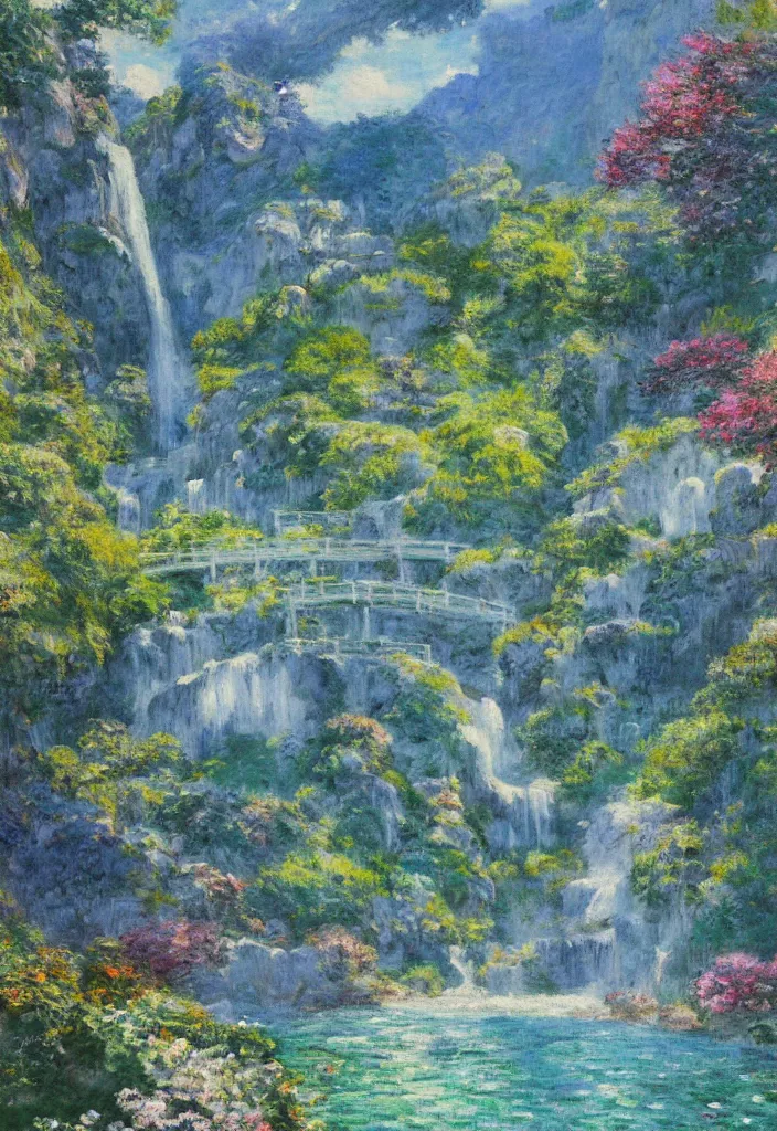 Image similar to a japanese city in the mountain surrounded by waterfall. beautiful blue sky. gorgeous epic nature, lofi, vivid colors, amazing light, by jeremy lipkin, by claude monet, heavily inspired by makoto shinkai, kandinsky touches, inspired by ghibli, masterpiece, multiple brush strokes, impressionist style