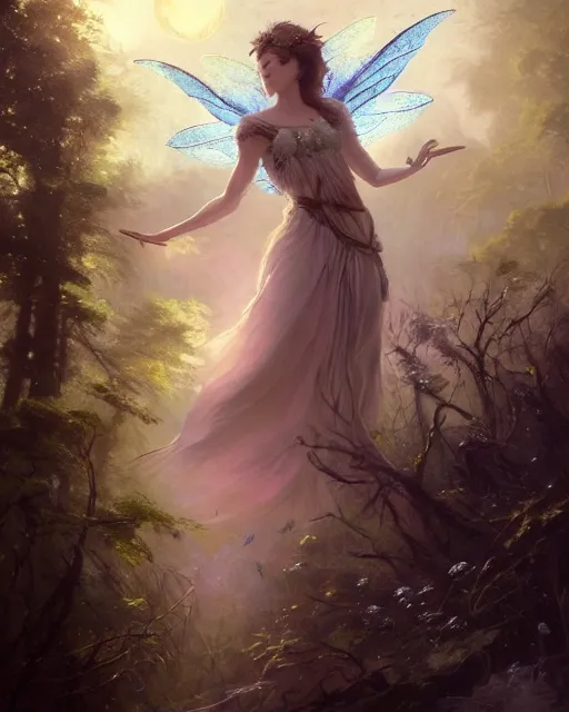 Prompt: a portrait of beautiful fairy goddness fly high in the night, d & d, fantasy, mist, full moon in background, trees, hyper detailed,, midium shot, an oil painting by ruan jia, trending on artstation, concept art, sharp focus, illustration, gaston bussiere, craig mullins, j. c. leyendecker, beautiful lighting