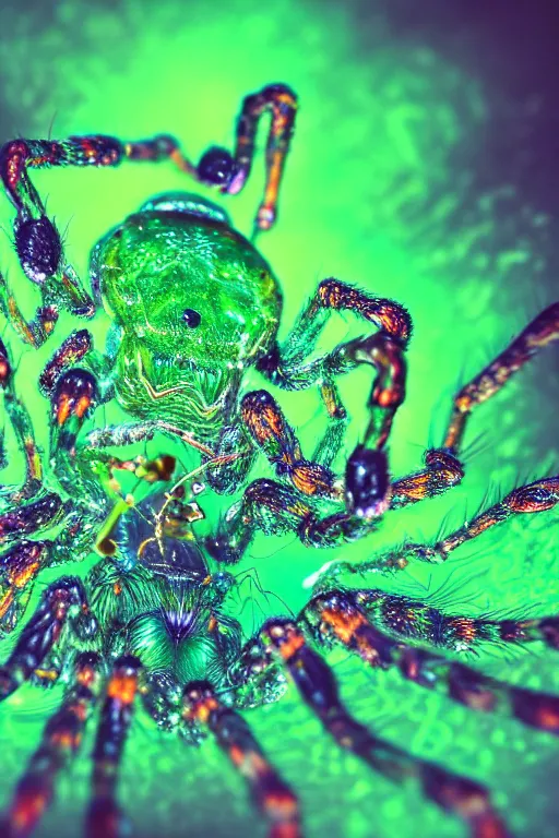 Prompt: high quality macro photo gelatinous spiders! gorgeous highly detailed hannah yata elson peter cinematic neon green lighting high quality low angle hd 8k sharp shallow depth of field