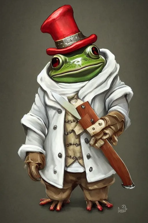 Prompt: cute anthropomorphic frog wearing a white butcher coat with a butcher hat and holding a cleaver knife ,tiny, small, miniature frog, baby animal, short, pale blue armor, cute and adorable, pretty, beautiful, DnD character art portrait, matte fantasy painting, cgsociety Artstation, by Jason Felix by Steve Argyle by Tyler Jacobson by Peter Mohrbacher, cinematic lighting