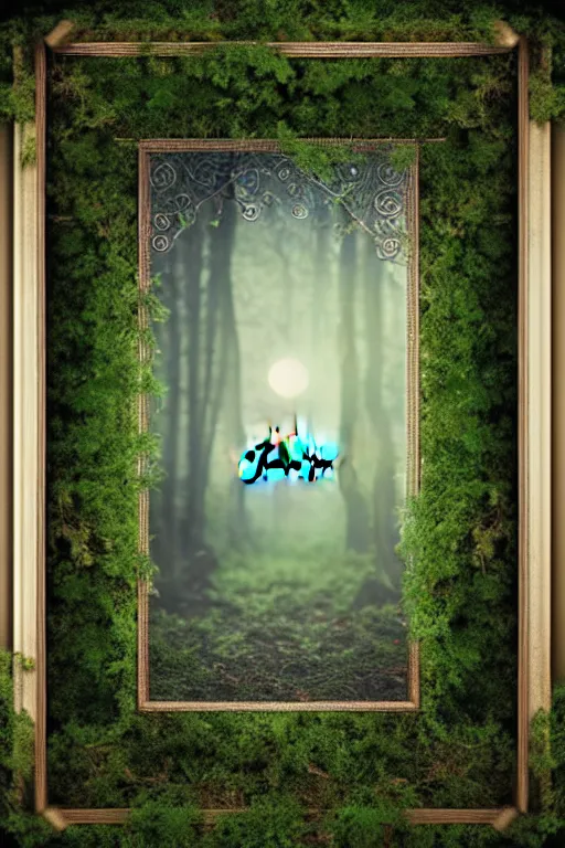 Image similar to book cover, frame border with ivy, high quality fantasy stock photo, unsplash transparent, forest and moon, intricate detail, elegant, hyper realistic, ultra detailed, octane render, volumetric cinematic lighting, 8 k post - production