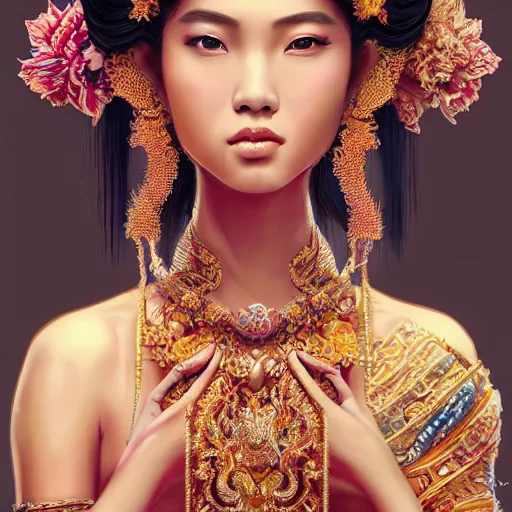 Image similar to a stunning artstation style portrait painting of a beautiful bali princess by kittichai rueangchaichan, in the style of WLOP, floralpunk, Artstation, intricate details, cinematic lighting, pristine clean design, realistic, irresistable, insanely detailed