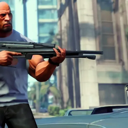 Image similar to Grand Theft Auto 5 gameplay of Dwayne Johnson holding a auto shotgun