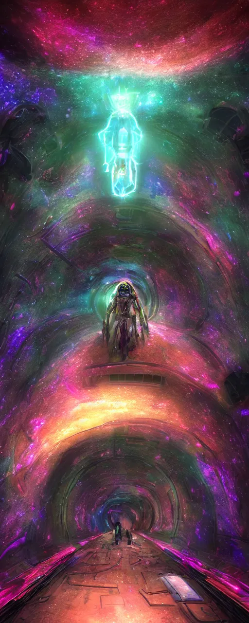 Prompt: tunnel portal made of stars space, gigantic biomechanical astral monk, cosmic eye, nebulas stars dmt psychedelic cosmos, cosmic, hallucination, night sky cluster milky way constellations, 8 k, artstation, unreal engine, octane render, hdr, surrealistic, glow, photorealistic, volumetric lighting, dreamy, dynamic, mystical